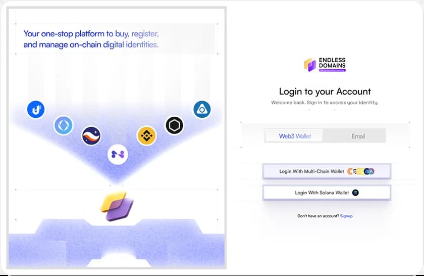 Endless Domains login screen with wallet and email options